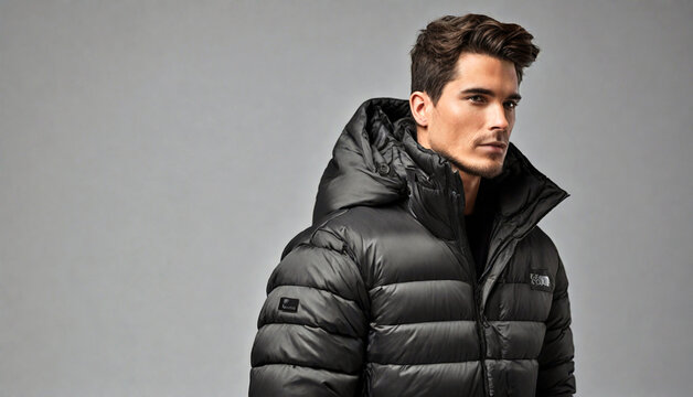 A man wearing high end puffer jacket, young adult, black , plain background