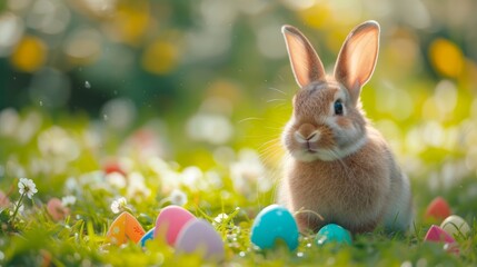 Fototapeta na wymiar A beautiful fluffy Easter bunny hides colorful eggs in the green grass and looks at the camera