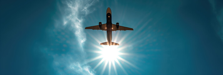 Low angle view of a striking silhouette of an airplane flying directly overhead, with the sun's radiant glow creating a dramatic backlit effect against the clear blue sky.