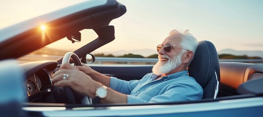 Luxurious cabrio adventure  happy bearded senior man enjoying a summer road trip in italy