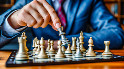 Chess Strategy and Business, Strategic King and Success, Challenge and Intelligence, Competitive Game and Leadership, Piece and Businessman Decision, White Move and Executive Play