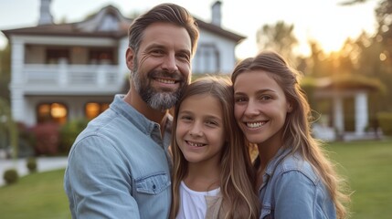 Obraz premium A happy American family stands on the lawn near their house and looks at the camera, smiling