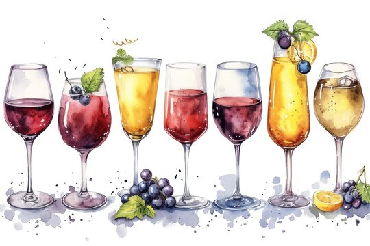 Watercolor cocktails with fruits and berries