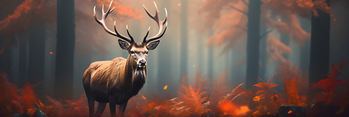 Majestic Red Deer Stag in Vibrant Autumn Forest: A Salute to European Wildlife - obrazy, fototapety, plakaty
