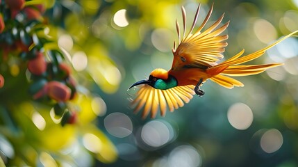 Orange bird flying over green plants with sunlight shining through