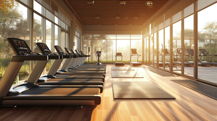 Modern gym interior with equipment. Fitness club with row of treadmills for fitness cardio training in evening backlight