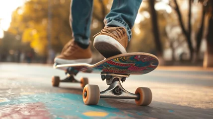 Poster Low angle of a skateboarder's sneakers on an artistically designed skateboard, capturing the essence of urban skate culture © olz