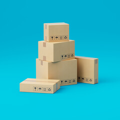 set of closed beige cardboard postal boxes of different sizes isolated on a blue background. Symbol of delivery or online shopping. 3d render