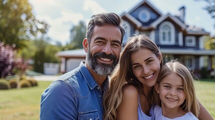 Fototapeta premium A happy American family stands on the lawn near their house and looks at the camera, smiling
