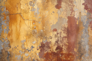 A worn and cracked wall with a patchwork of yellow, red, and grey, showing signs of age and decay.