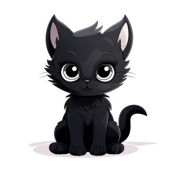 A black kitten with big eyes and pink ears sits on a white background.