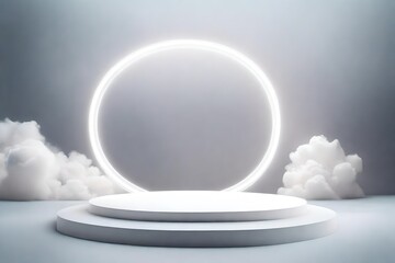 Blank circle white glowing light frame on round podium in dreamy fluffy cloud with aesthetic grey neon sky background