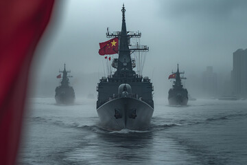 Warships with Chinese flag at sea.