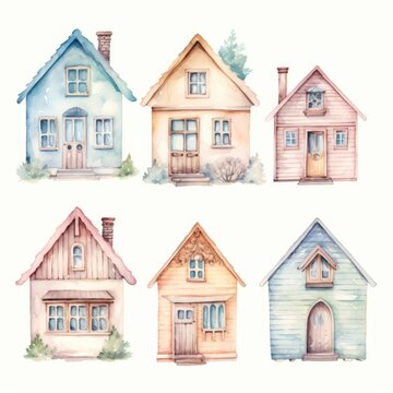 The image shows six different watercolor houses. They are painted in pastel colors and are of varying sizes and shapes. Each house has a unique design and is set on a white background.