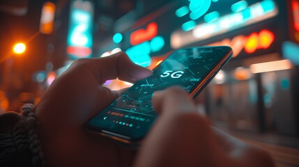 Shining holographic 5g text icon on mobile phone in hands, futuristic technology concept