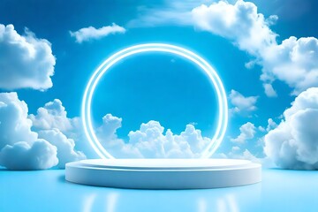 Blank circle white glowing light frame on round podium in dreamy fluffy cloud with aesthetic blue neon sky background