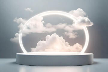 Blank circle white glowing light frame on round podium in dreamy fluffy cloud with aesthetic grey neon sky background