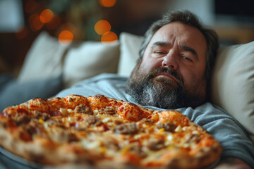 Overweight man lying on the sofa eating pizza and watching TV.