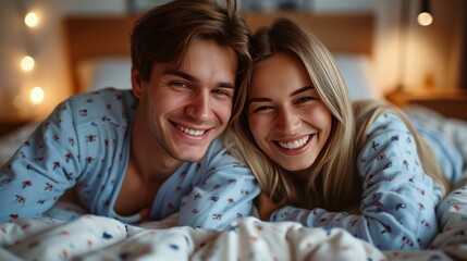 A happy couple in matching pajamas laughs while lying in bed