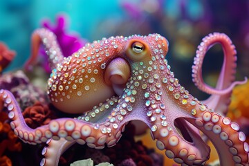 close up of an octopus bedazzled with many shiny crystals, colorful coral reef in background, jewelrly ad