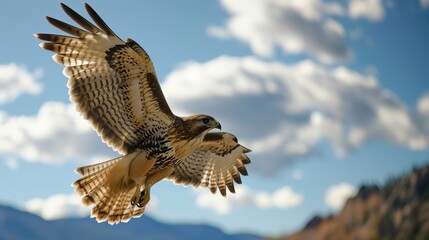 Majestic Hawk in Mid-Flight Against a Picturesque Sky with Clouds and Mountain Range