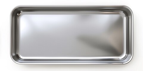 Baking tray with non-stick coating, top view, close-up, long stainless steel plate isolated on white.