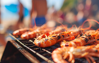 Barbecue shrimps on grille on people party seaside blurred backg - obrazy, fototapety, plakaty