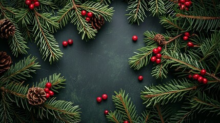 Christmas tree branches. The concept of the new year, christmas, nature. Banner. Flat lay, top view, copy space.