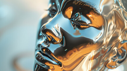 A woman's face made of liquid metal with reflections