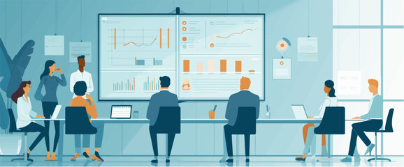 Business plan. The team discusses the business strategy. Vector illustration.