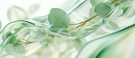 Eucalyptus leaves floating on rippled water. Image for luxury bath product line with natural ingredients advertisement. Design for a wellness retreat focusing on water therapies. Banner with copy spac