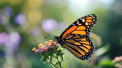 Obraz premium Monarch Butterfly Perched on Colorful Flowers with Sunlit Background