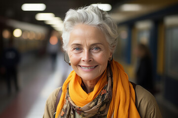 Portrait of happy senior woman at railway station. Aged female passenger travelling - obrazy, fototapety, plakaty