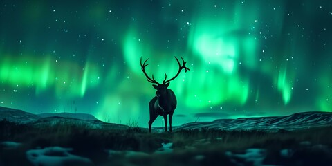 Majestic deer under northern lights. serene nature scene. ideal for calm wallpapers and backgrounds. vibrant aurora display. AI - obrazy, fototapety, plakaty
