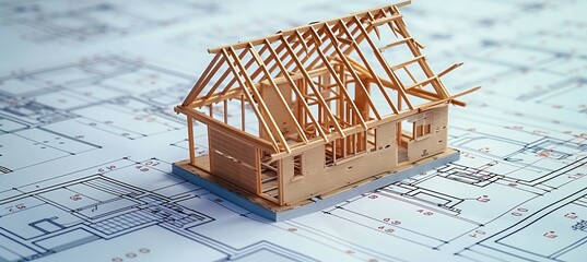 Wooden frame house model under construction on blueprints   building project with text space
