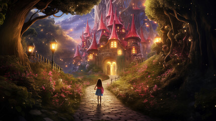 The little girl walking through magical forest to a magic castle