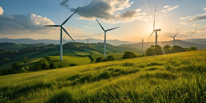 Serene landscape with wind turbines at sunset, symbolizing clean energy. a peaceful, renewable energy source photograph. eco-friendly power generation. AI