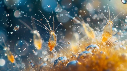 Microscopic water insects, tiny water fleas or aquatic larvae, microscopic world within a droplet of water, macro view. - obrazy, fototapety, plakaty