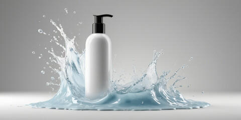 Shampoo bottle or cosmetics plastic product with water or cream splash on gray white background. Realistic 3d mockup in liquid flow. Professional cosmetics for skin care. 3d rendering