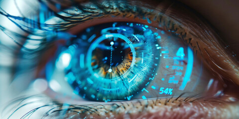Technological Vision.
Close-up of a human eye with futuristic digital overlays, concept of technology.