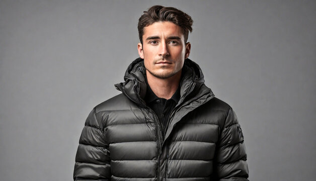 A man wearing high end puffer jacket, young adult, black , plain background