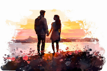 a watercolor illustration depicts a couple in a tender moment, gazing at the setting sun.