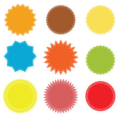 Starburst sticker. Vector. Star burst price icon. Round sale tag badge. Circle sale buttons. Sunburst label isolated on white background. Set red shapes. Color illustration. eps 10
