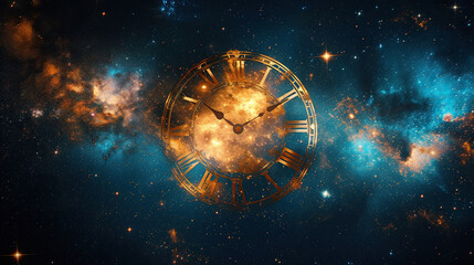 concept of time through space , clock and time in space - obrazy, fototapety, plakaty