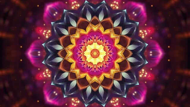 Glowing multicolor mandala with radiant kaleidoscopic pattern.