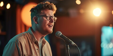 Inspiring young male singer performing live on stage. intimate concert setting. emerging talent showcase. emotional vocal performance. AI