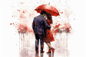 a watercolor illustration depicts a couple strolling outdoors after the rain.