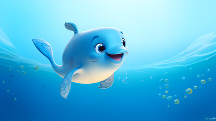 Cute blue whale on a blue water background, funny cheerful cartoon character, close-up