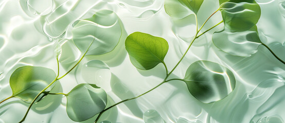 Eucalyptus leaves floating on rippled water. Image for luxury bath product line with natural ingredients advertisement. Design for a wellness retreat focusing on water therapies. Banner with copy spac
