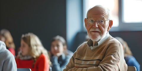Elderly man attentively participating in a group discussion. candid classroom setting. lifelong learning and education concept. AI